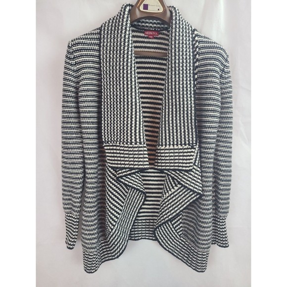 Merona Women's (M) Black & White Stripe Open Front Shaw Collar Sweater Cardigan - Picture 1 of 8